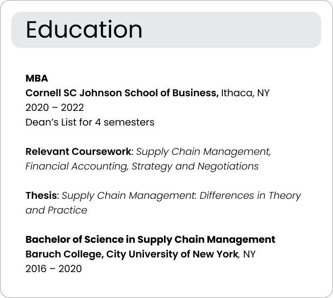 Resume education section example for a master's student.