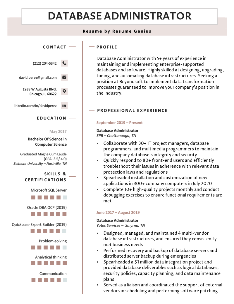 example of a database administrator's resume