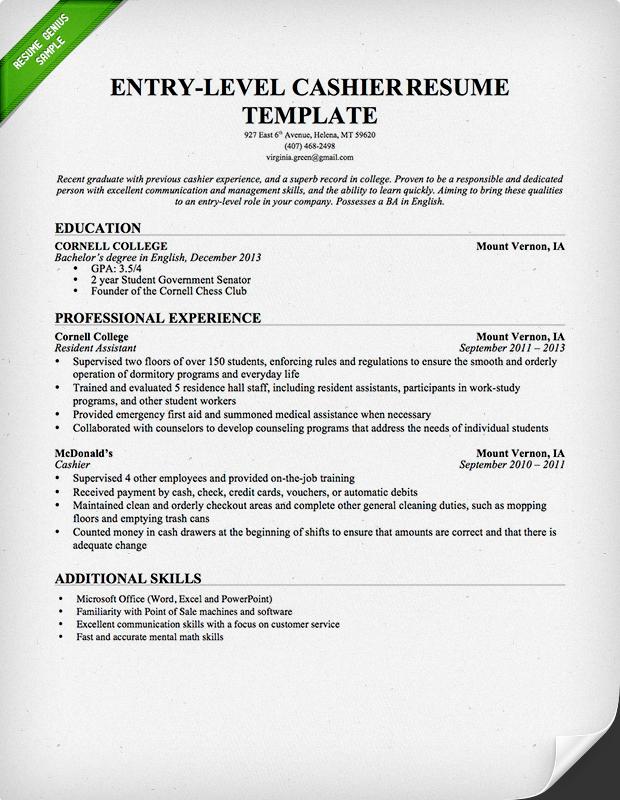 Resume For Cashier Position