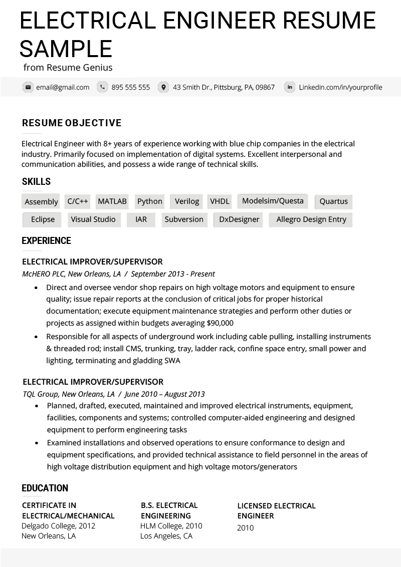 Electrical Engineer Resume Example & Writing Tips Resume Genius