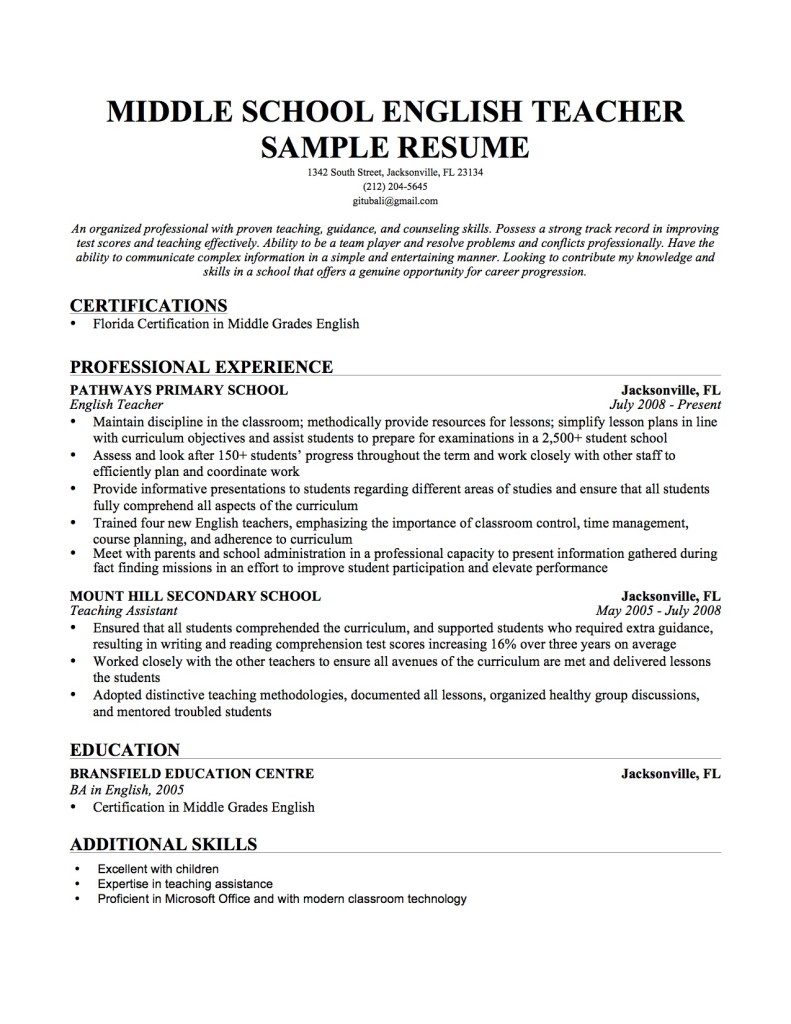 english teacher resume sample
