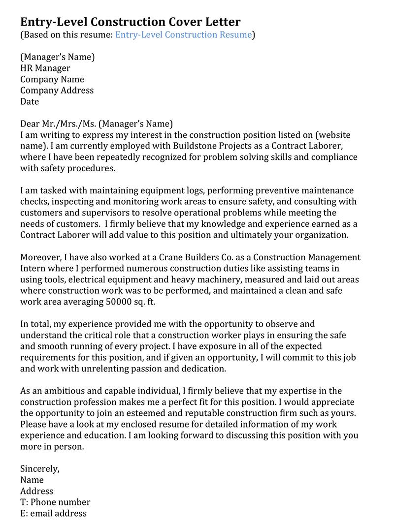 Construction project manager cover letter template