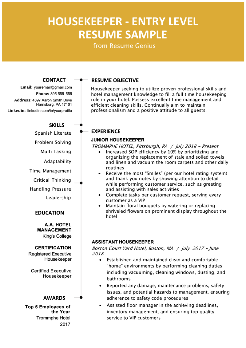 Entry-Level Hotel Housekeeper Resume Sample | Resume Genius