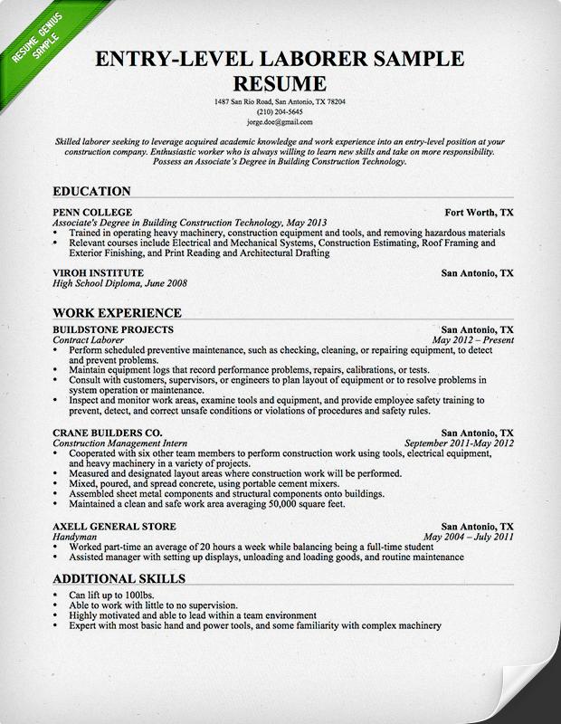 Construction carpentry resume