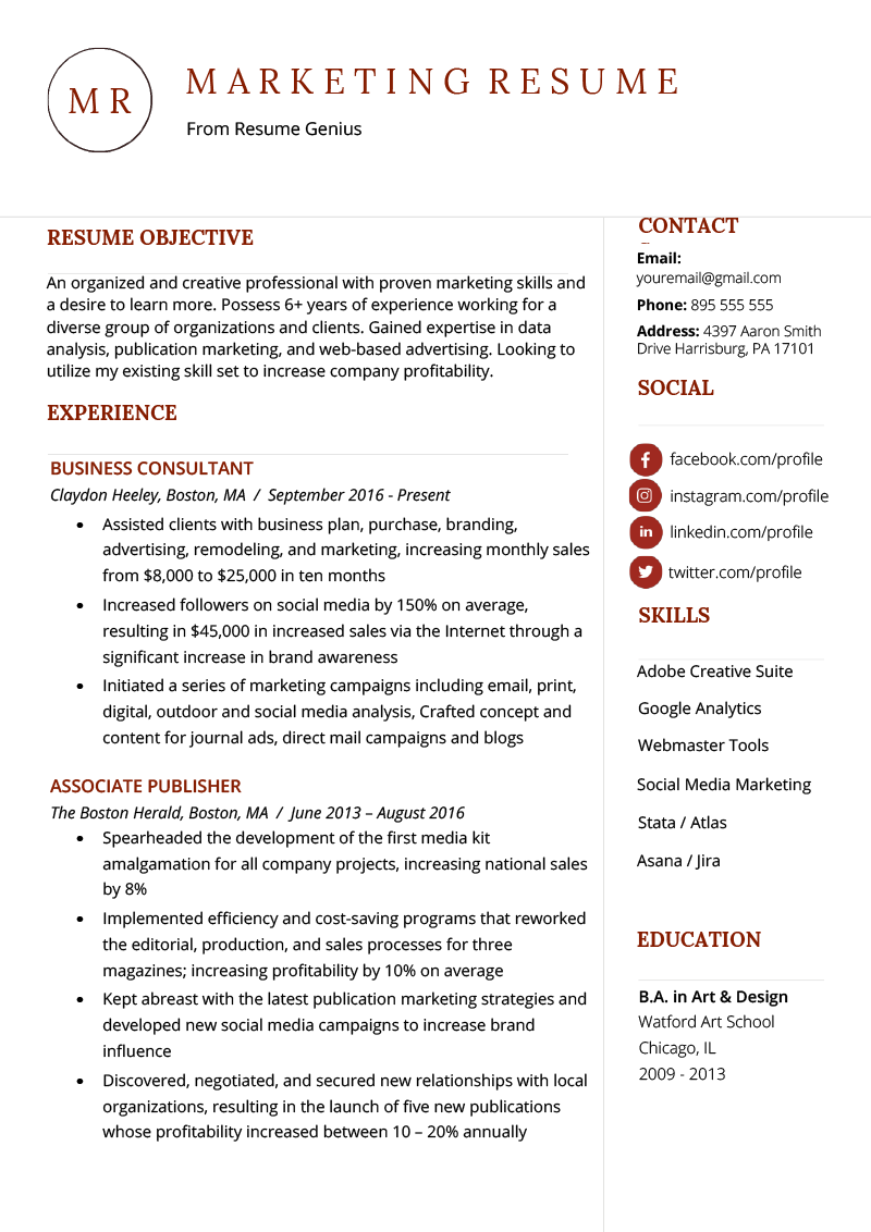 marketing skills resume examples