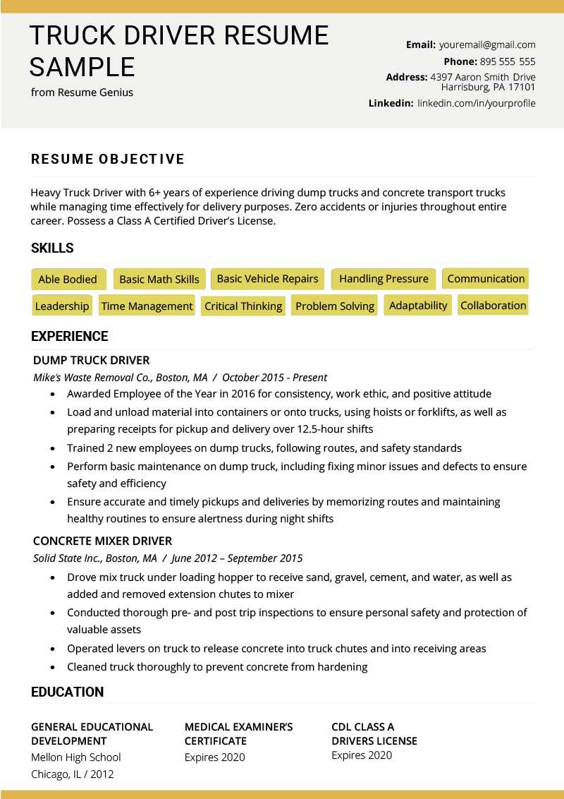 Truck Driver Resume Sample And Tips