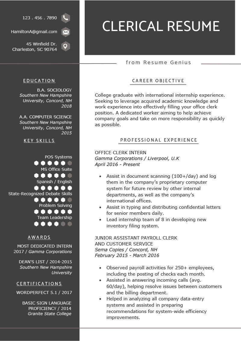 resume objective examples clerical