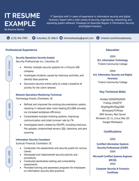 An IT resume example that uses a resume template with a large blue header and the resume content organized into two columns.