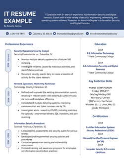 An IT resume example that uses a resume template with a large blue header and the resume content organized into two columns.