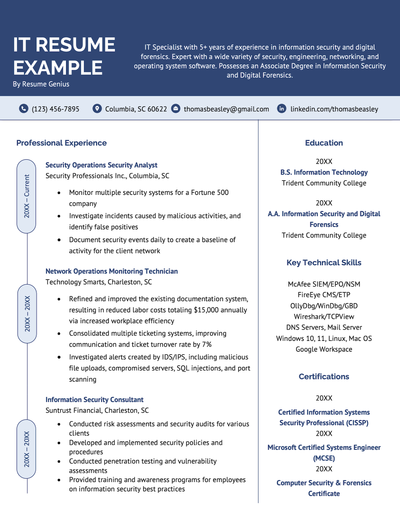 An IT resume example that uses a resume template with a large blue header and the resume content organized into two columns.