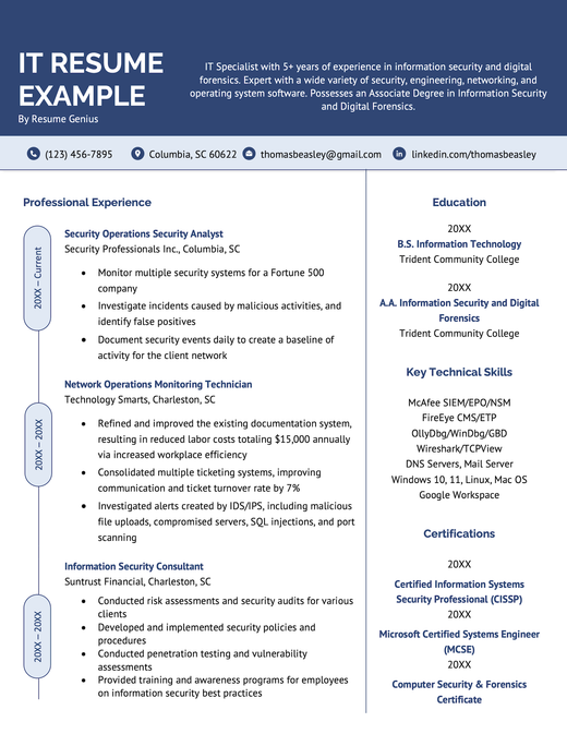 An IT resume example that uses a resume template with a large blue header and the resume content organized into two columns.