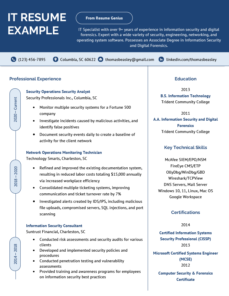 An IT resume example that uses a resume template with a large blue header and the resume content organized into two columns.