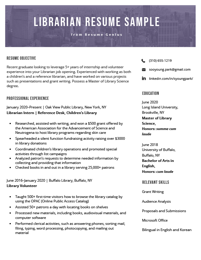 resume format for librarian freshers