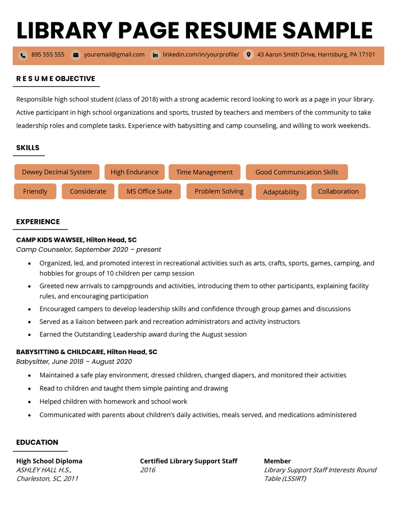 A library page resume example with orange highlights and skills near the top in a hybrid resume format
