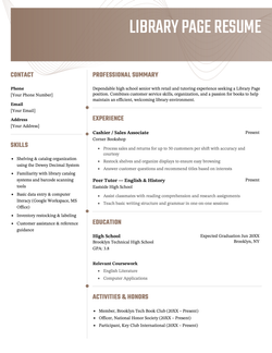A library page resume example with brown highlights and skills near the top in a hybrid resume format
