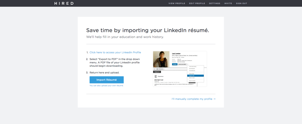 Hired.com Resume LinkedIn Import