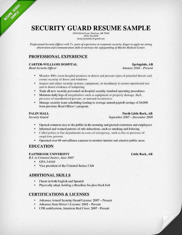 Security Guard Resume Sample Resume Genius