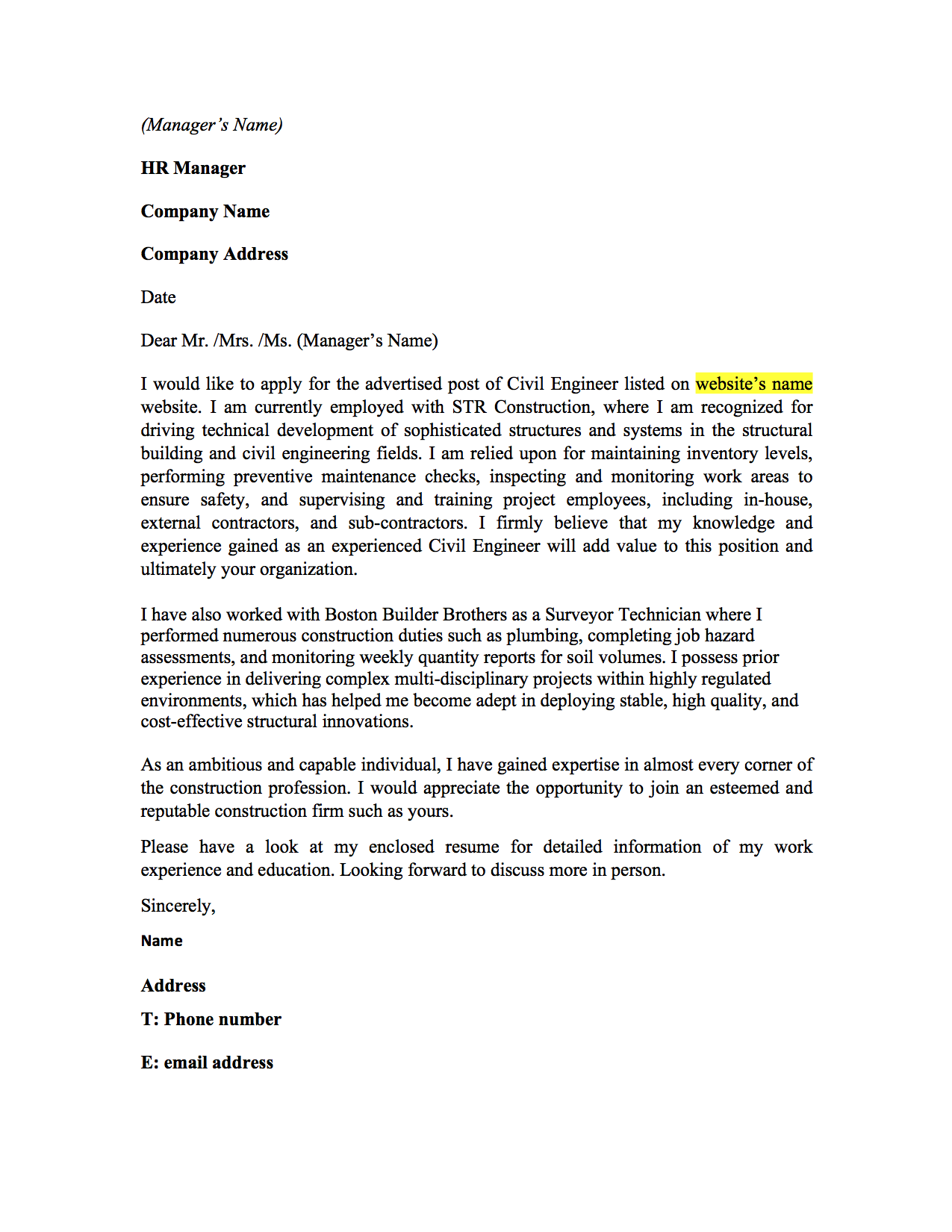 Construction management cover letter example