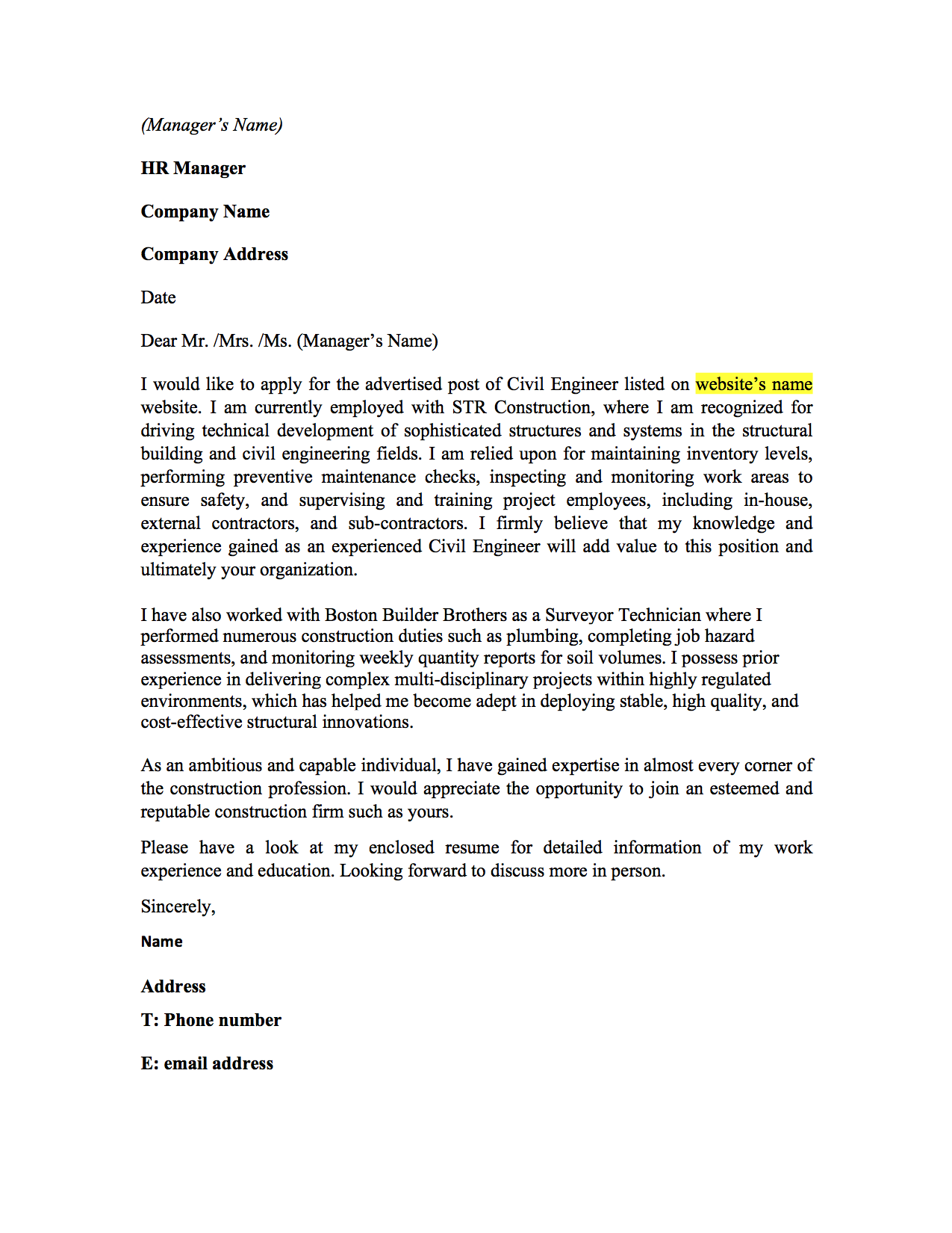 Cover Letter Example: Cover Letter Format Civil Engineer