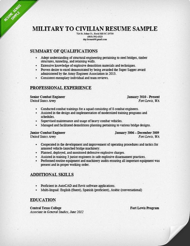 Military to Civilian Resume Sample 2015