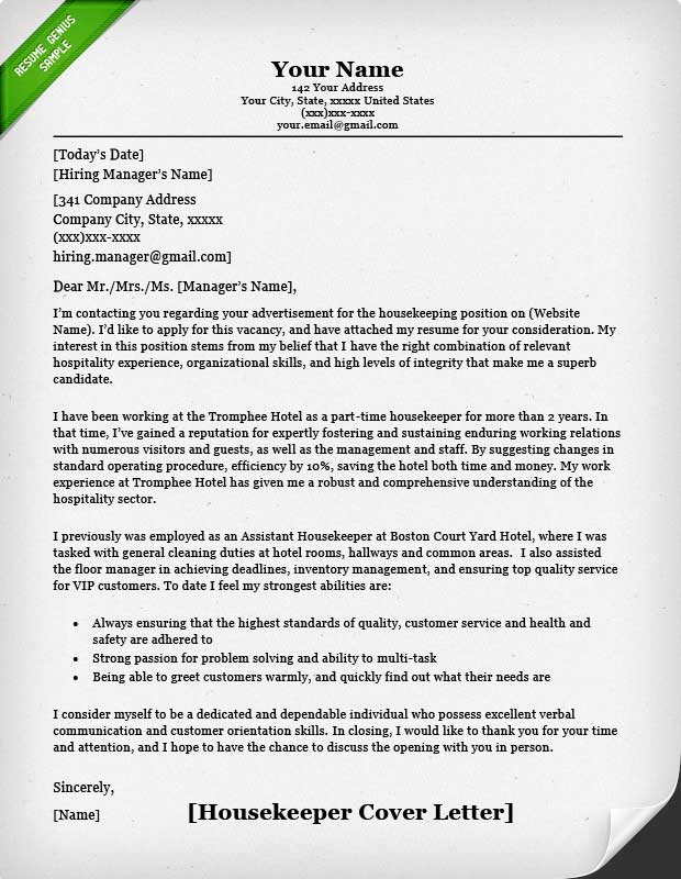 cover letter template for housekeeping