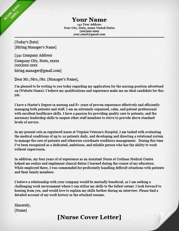 Nursing Cover Letter Samples Resume Genius   Nursing Cover Letter Example 