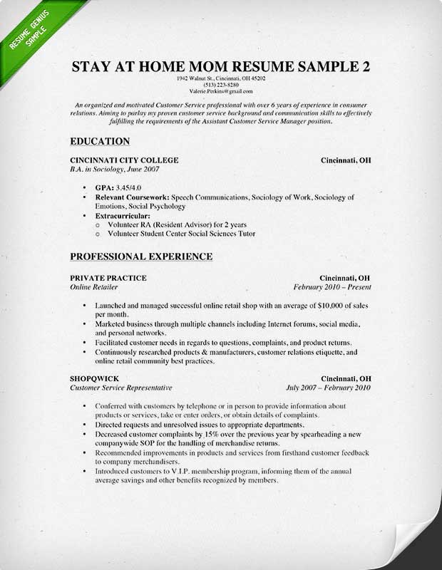 how to show stay at home mom on resume