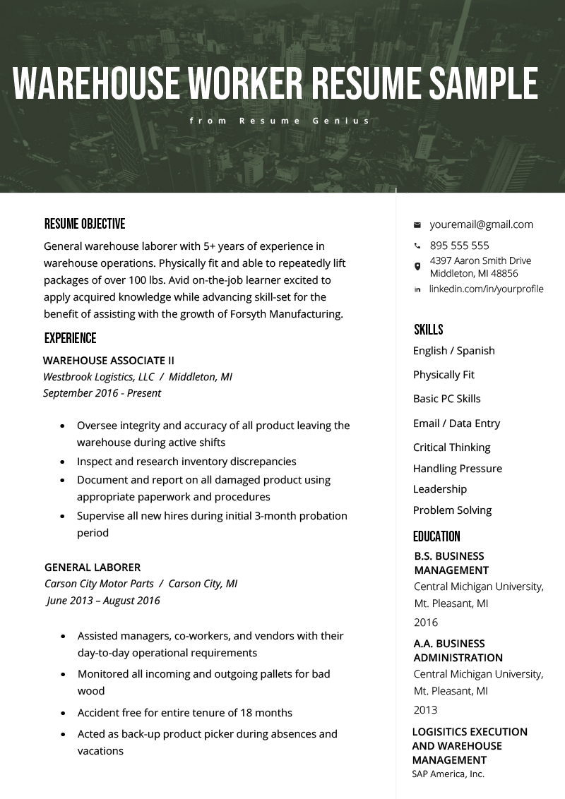 Warehouse Worker Resume Example & Writing Tips