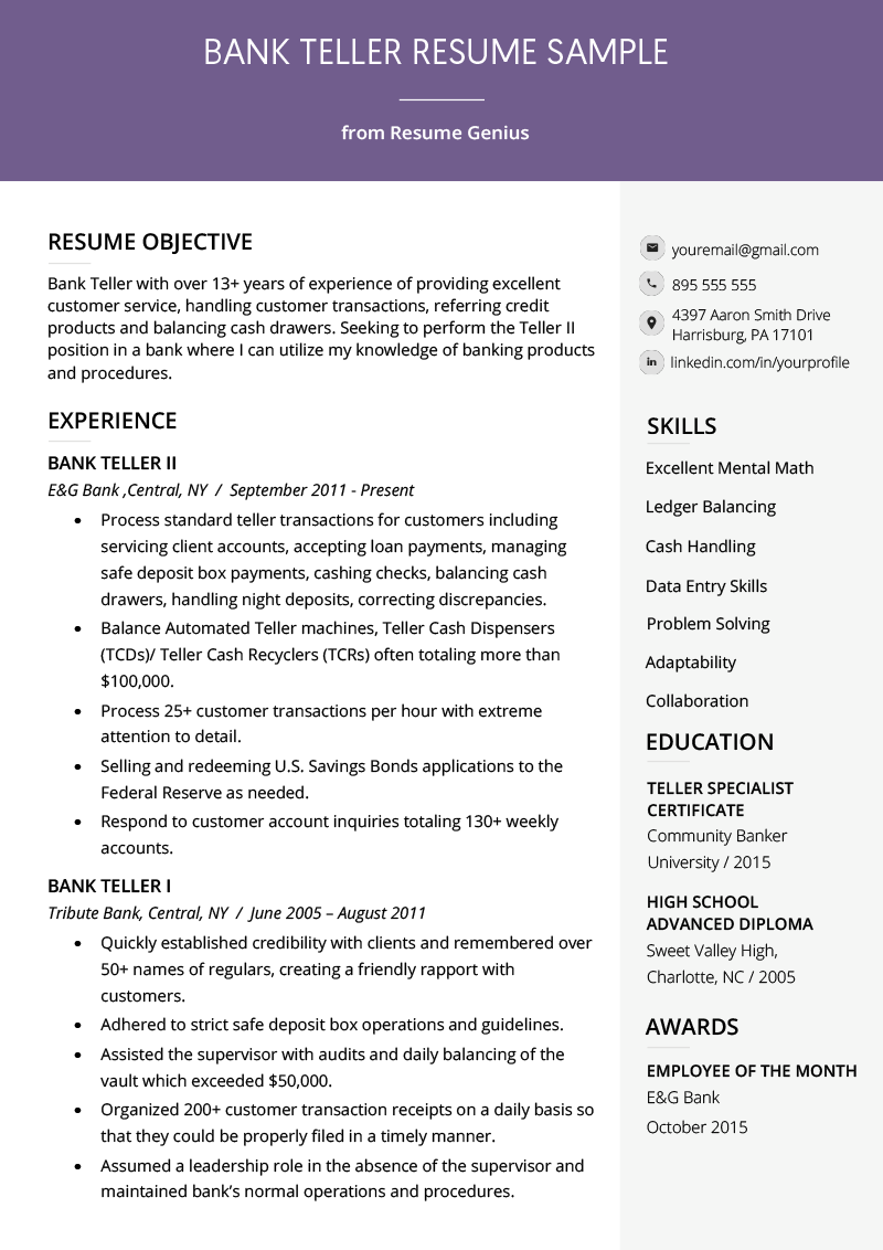 Bank Teller Resume Sample Writing Tips Resume Genius