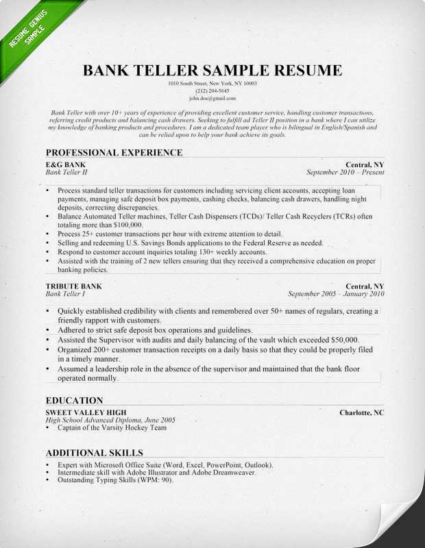 Sample Bank Teller Resumes Grude Interpretomics Co