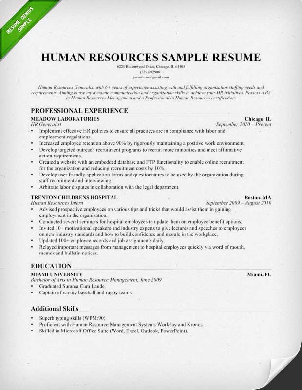 sample resume for human resources position