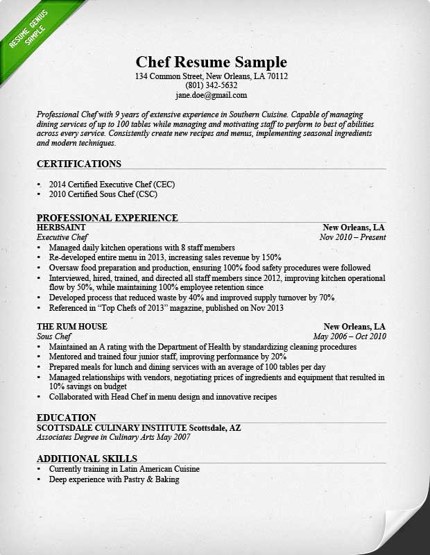 resume profile example cook