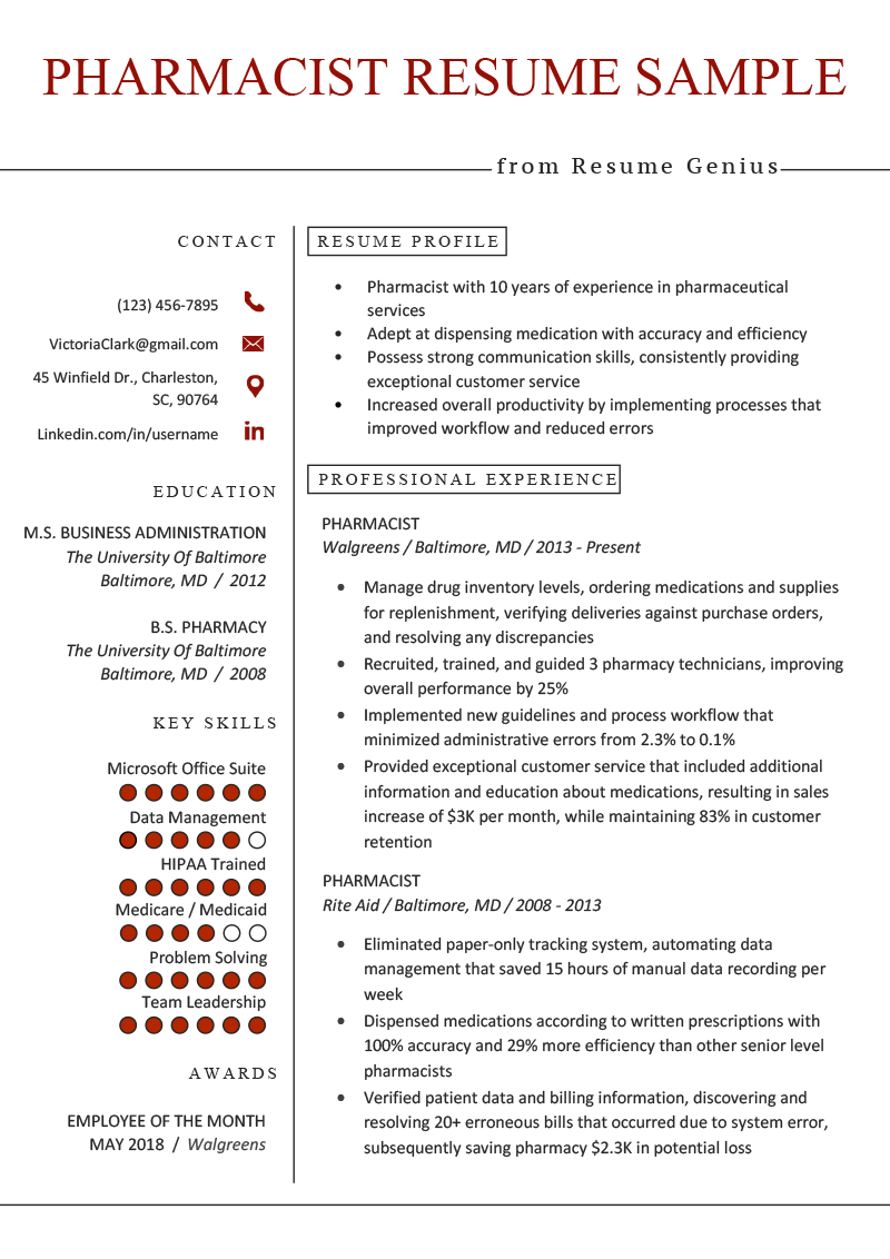 Pharmacy Curriculum Vitae Template from resumegenius.com