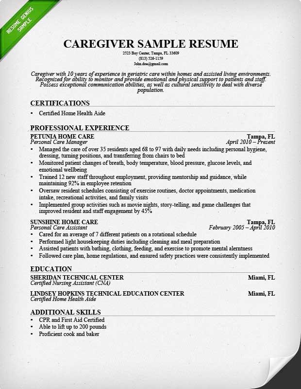 free sample resume caregiver