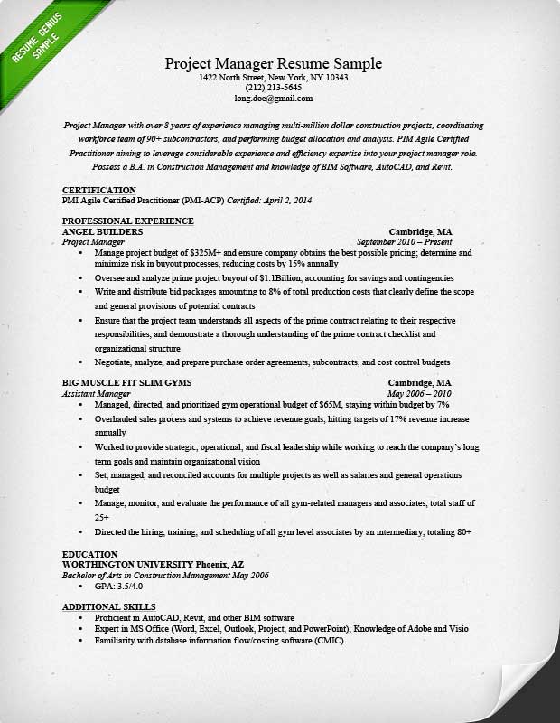 Project manager sample resume format