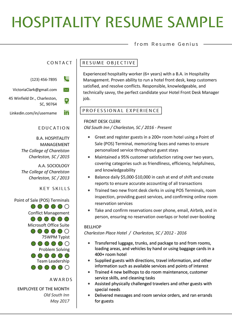 example of resume hospitality industry