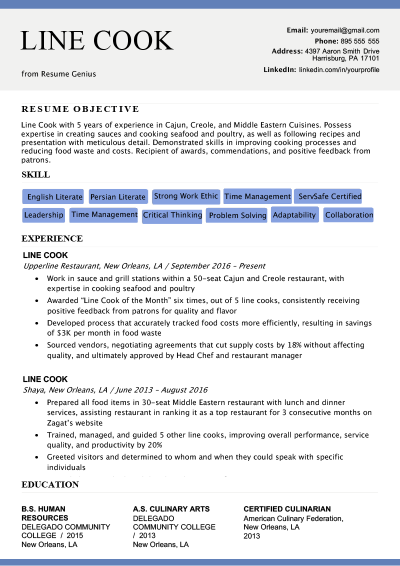 objective for resume examples cook