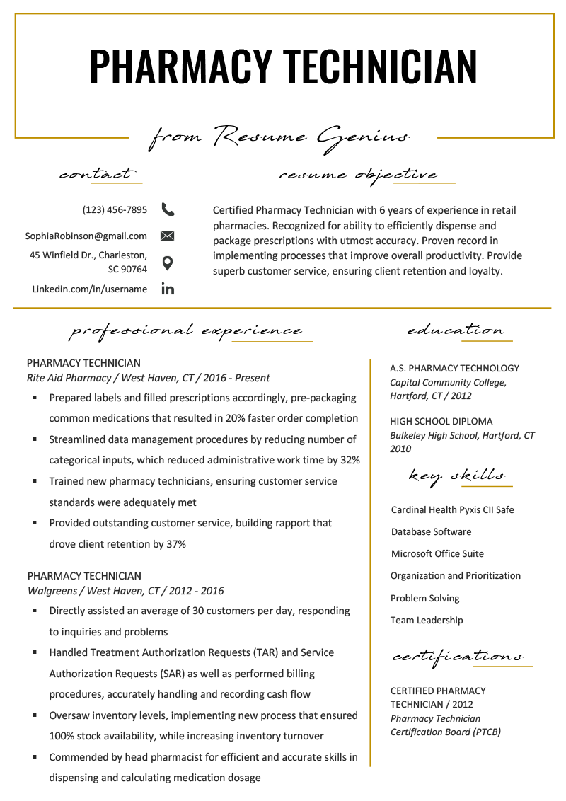 sample resume pharmacy technician