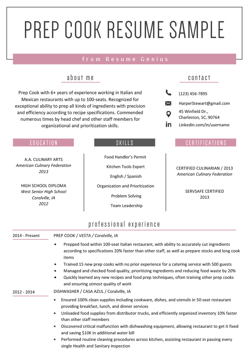 resume sample cook position