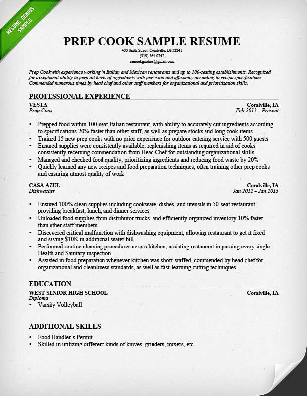 Prep Cook And Line Cook Resume Samples