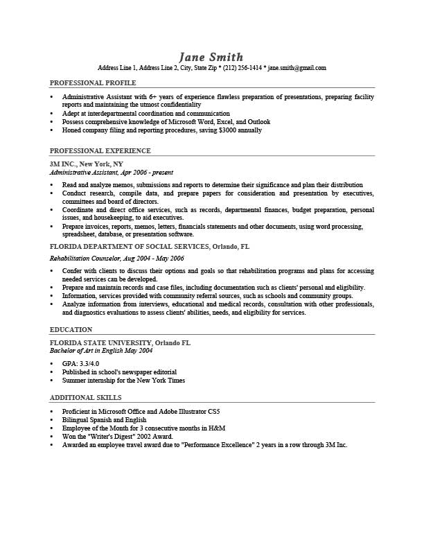 job resume profile examples