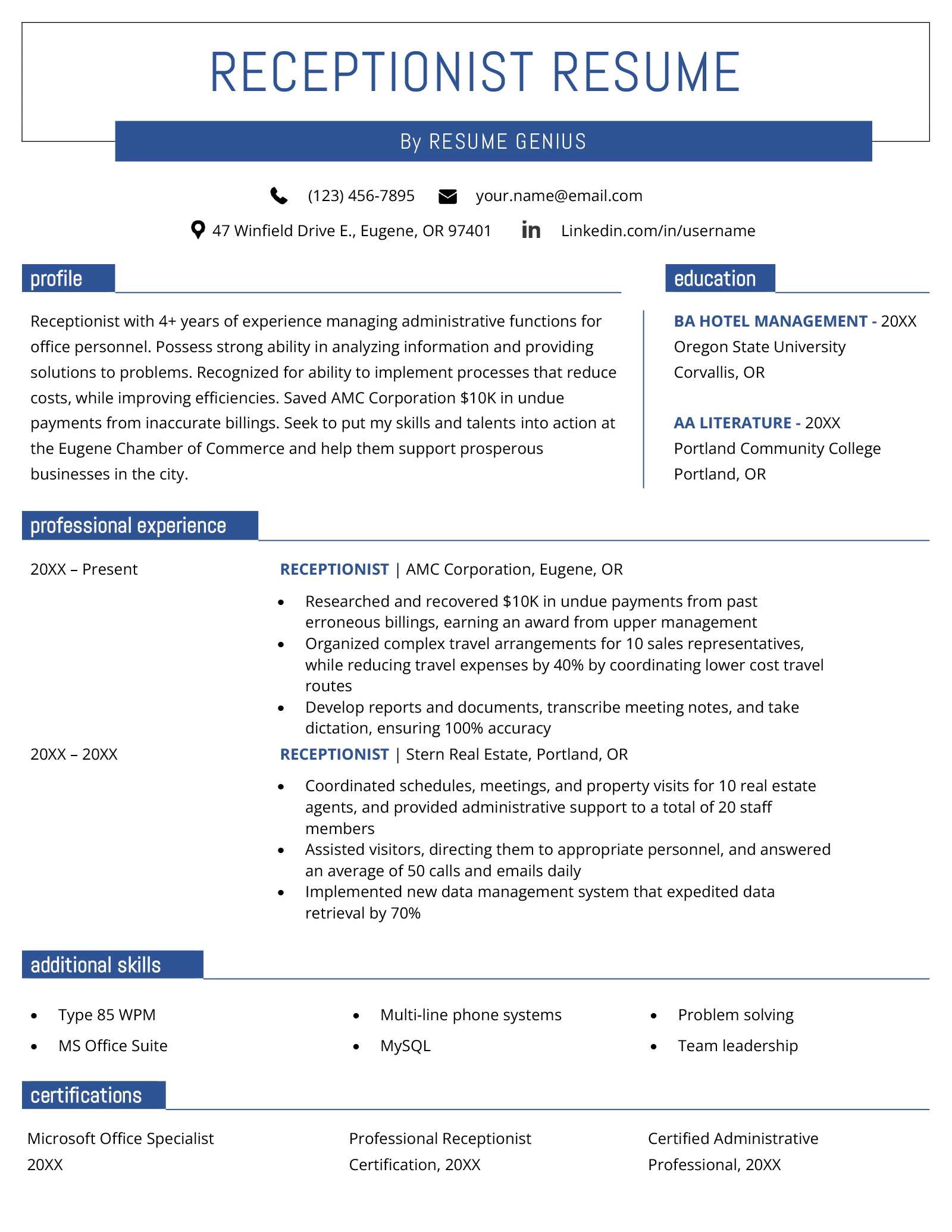 Sample Resume Objectives For Receptionist   Receptionist Resume Example Template 