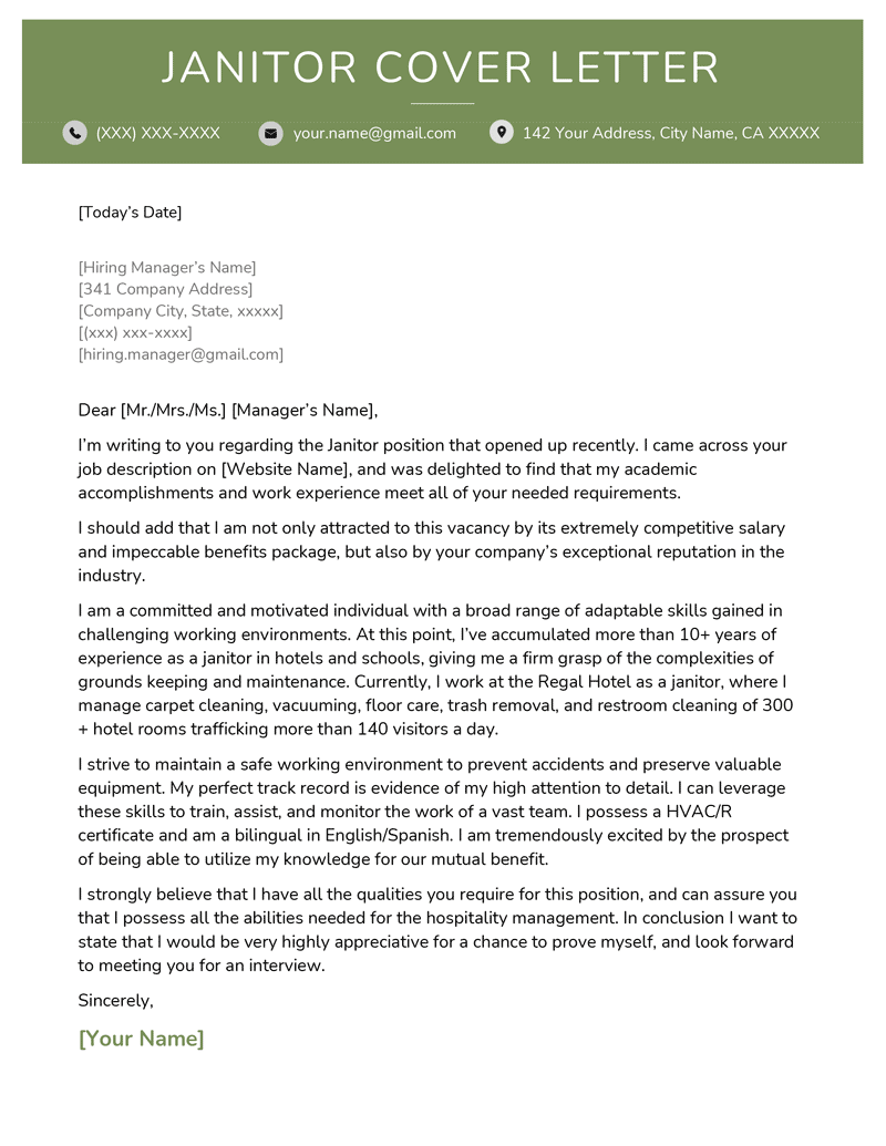 A janitor cover letter example with a green header to help the applicant stand out