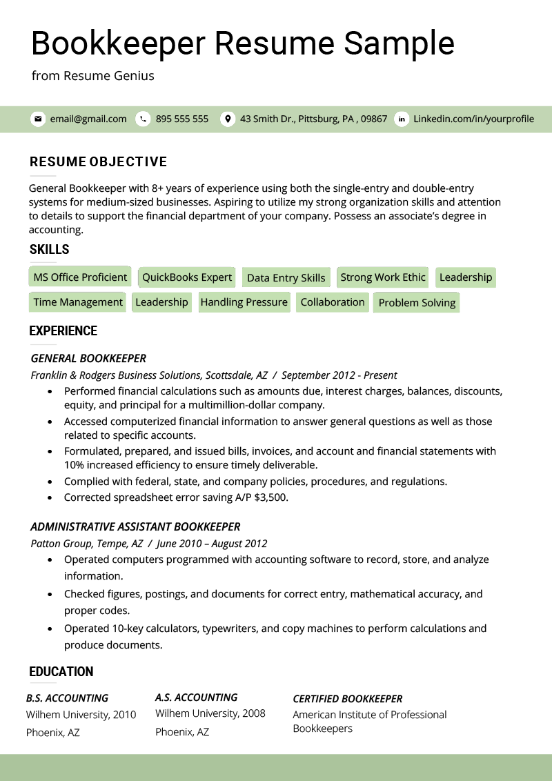 bookkeeper resume sample  u0026 guide
