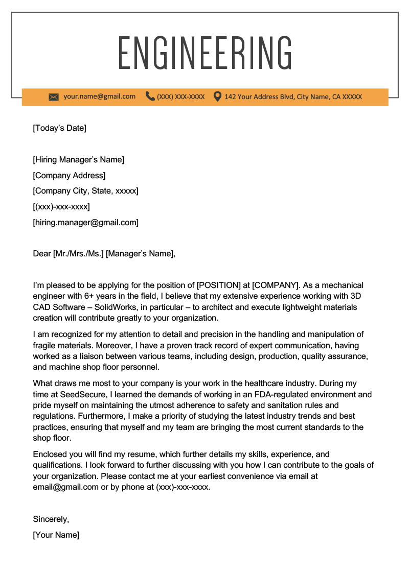 sample cover letter for an engineer