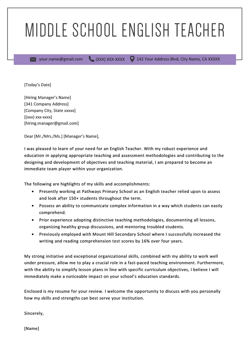 Teacher Cover Letter Example & Writing Tips Resume Genius