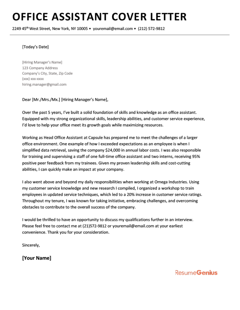 cover letter for office assistant sample