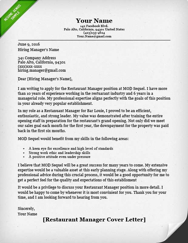 Food Service Cover Letter Samples  Resume Genius