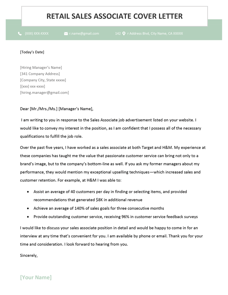 A retail sales associate cover letter example on a template with a green header