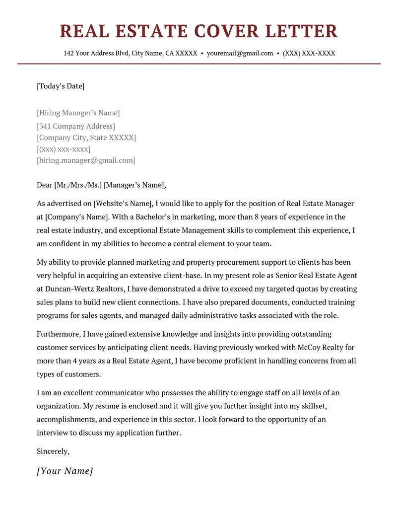 real estate agent cover letter example